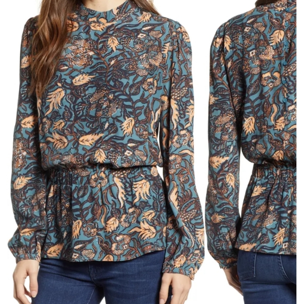 Hinge high neck peplum blouson waist blouse